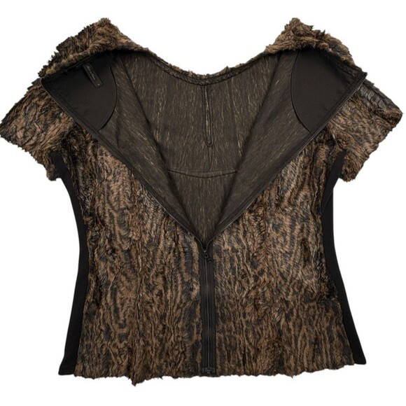 BCBG Max Azria Tulum Faux Fur Zip Back Top Camel Brown Y2K Mob Wife Holiday M - Picture 7 of 16